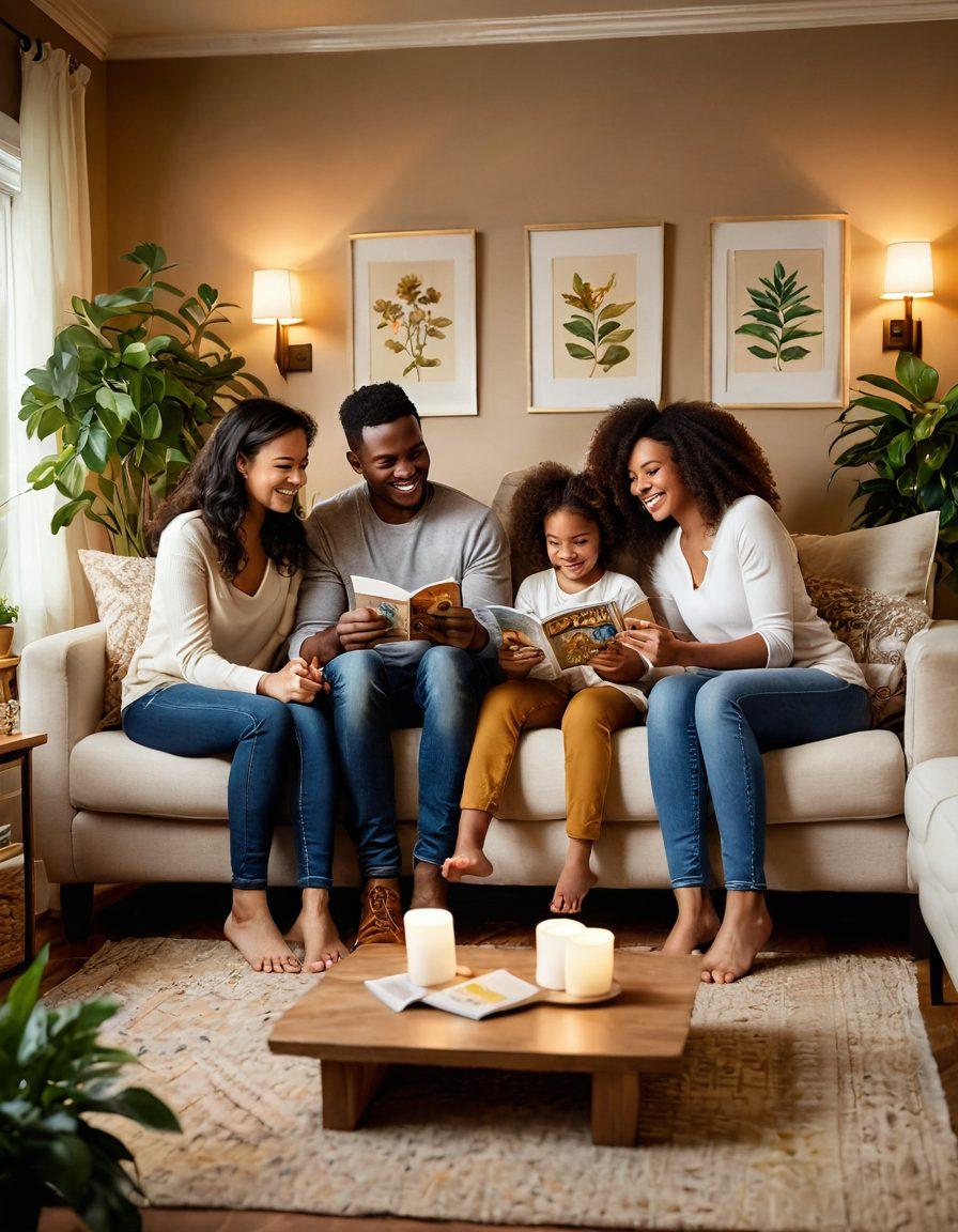 A warm, inviting scene of a diverse family gathered in a cozy living room, engaging in fun activities like playing games or reading together. Include elements symbolizing nurturing, such as plants, soft lighting, and family portraits on the wall. The image should convey love and connection with smiles and laughter, representing strong family bonds. soft colors, super-realistic, warm lighting.
