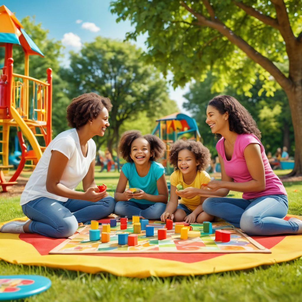 A joyful family engaging in various fun activities together in a sunny park, surrounded by colorful playground equipment, board games, and nature. The parents and children have big smiles as they play, depicting strong emotional connections and growth. A vibrant picnic setup with fruits and snacks is nearby, emphasizing bonding moments. super-realistic. vibrant colors. 3D.