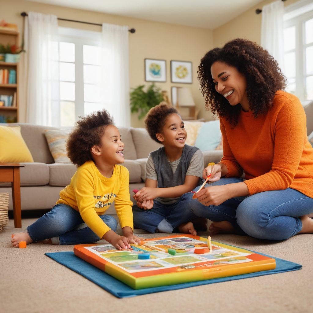 A warm, inviting scene of a diverse family engaged in positive activities together, showcasing laughter and connection. The parents are teaching their children through fun games, with bright colors and a cozy home environment. Include elements like books and art supplies scattered around to symbolize creativity and learning. super-realistic. vibrant colors. soft focus.
